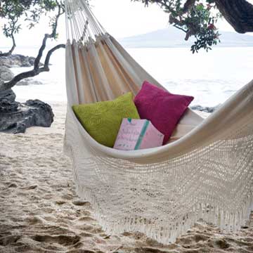The Brazilian Double Hammock on the beach with cushions